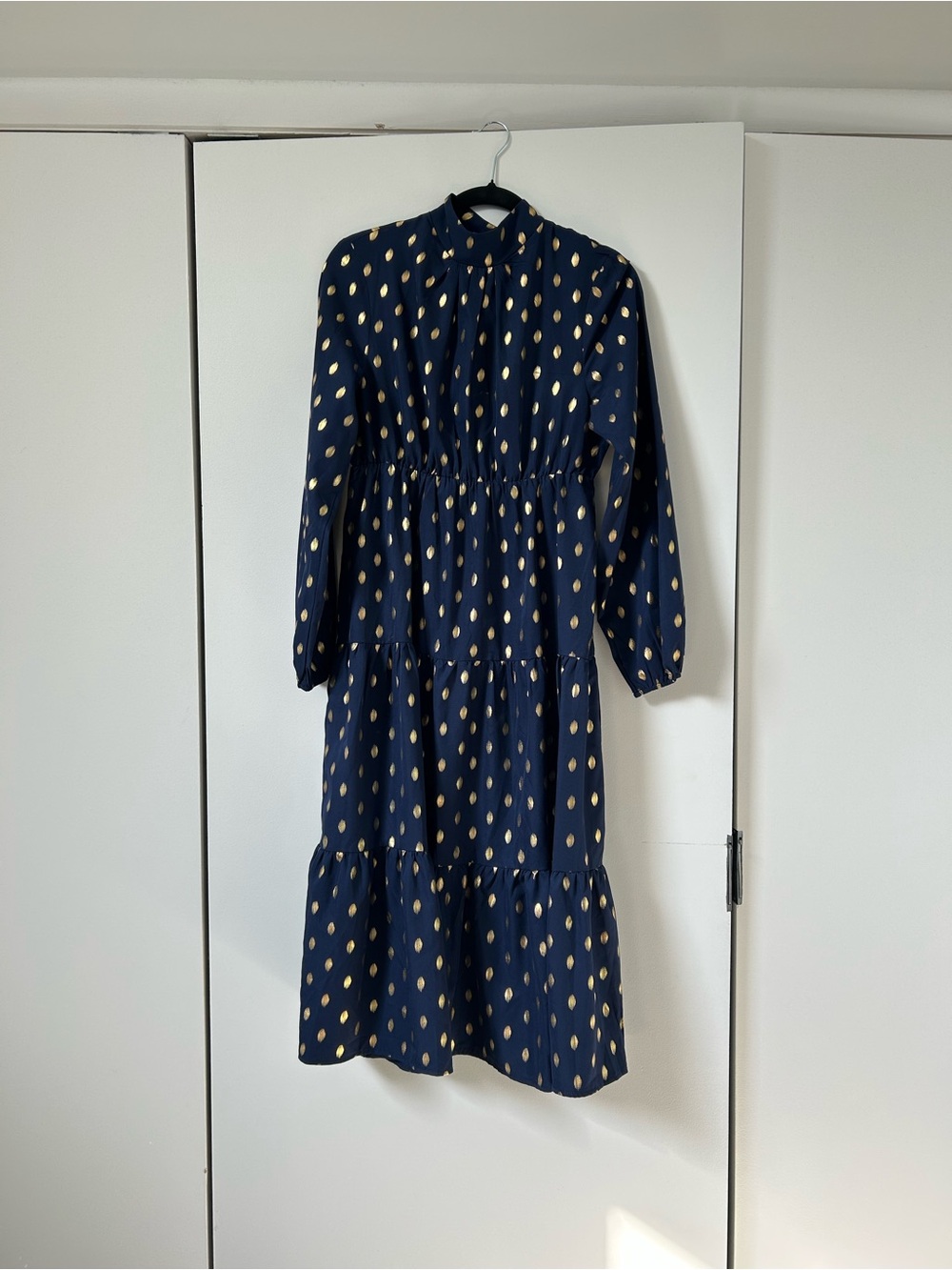 Navy Gold Dot Tiered Long-Sleeve Dress